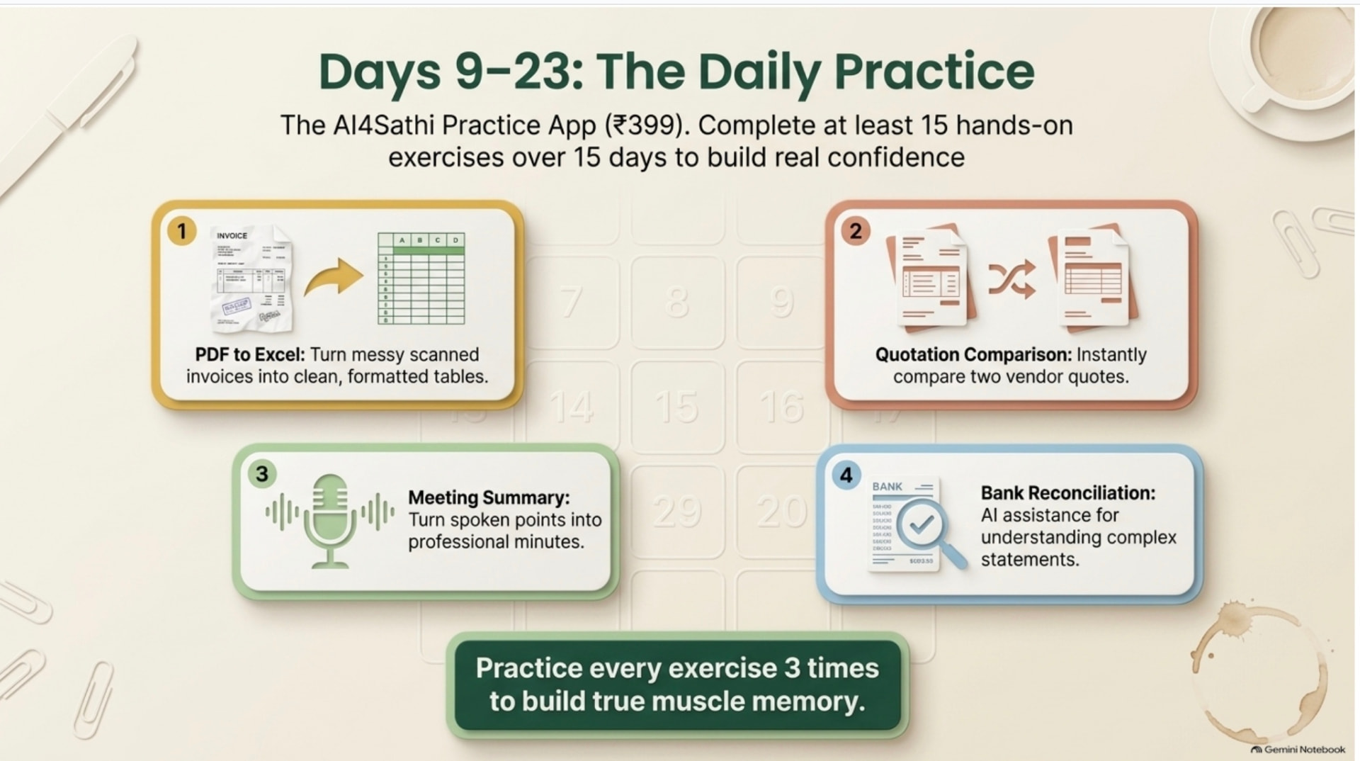 Calendar graphic of 15 days of daily AI practice at ₹399: turning PDF invoices into Excel tables, comparing quotations, meeting summaries and bank reconciliation
