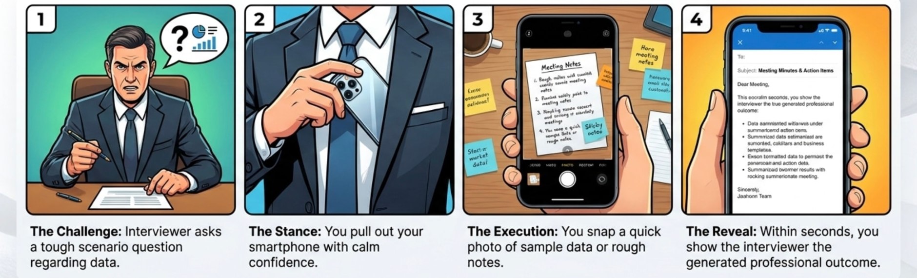 Four illustrated steps: hear a sample interview question, take out a phone, photograph sample notes, and show a draft email