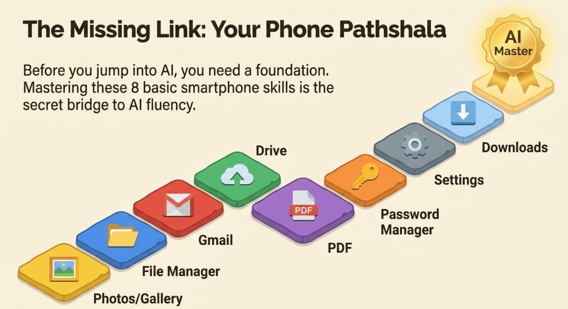Eight phone skills as steps: Photos, File Manager, Gmail, Drive, PDF, Password Manager, Settings, Downloads