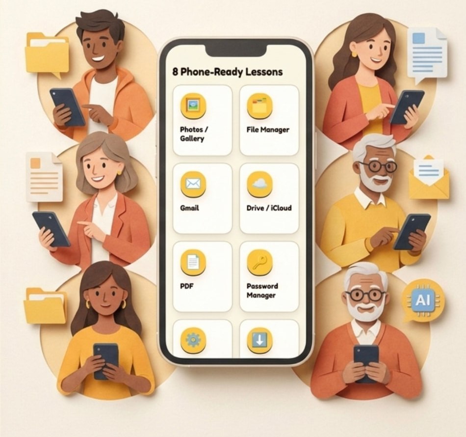 NotebookLM illustration of learners using their phones around eight phone-ready basics