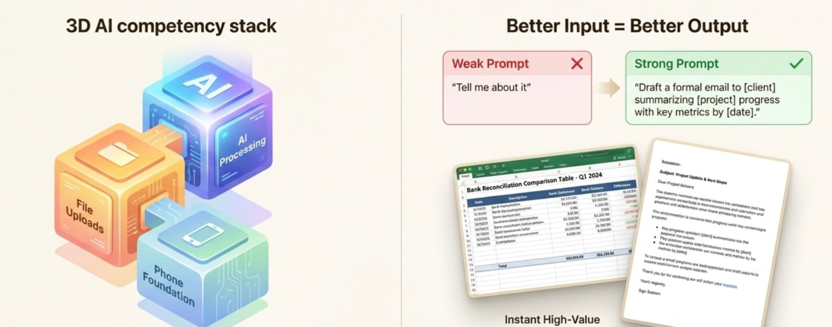 NotebookLM illustration of file uploads, phone skills, AI processing, a sample spreadsheet and a drafted email