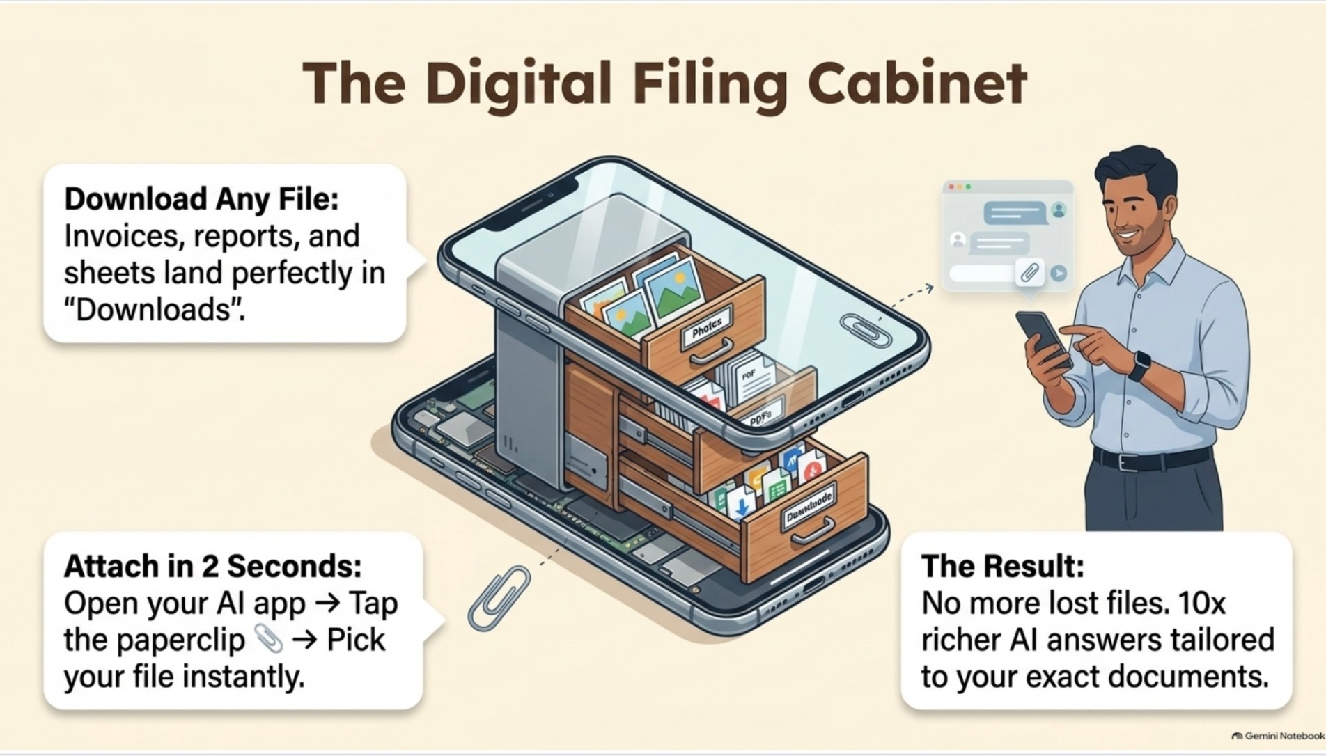 NotebookLM illustration of phone downloads and documents ready to attach to an AI conversation