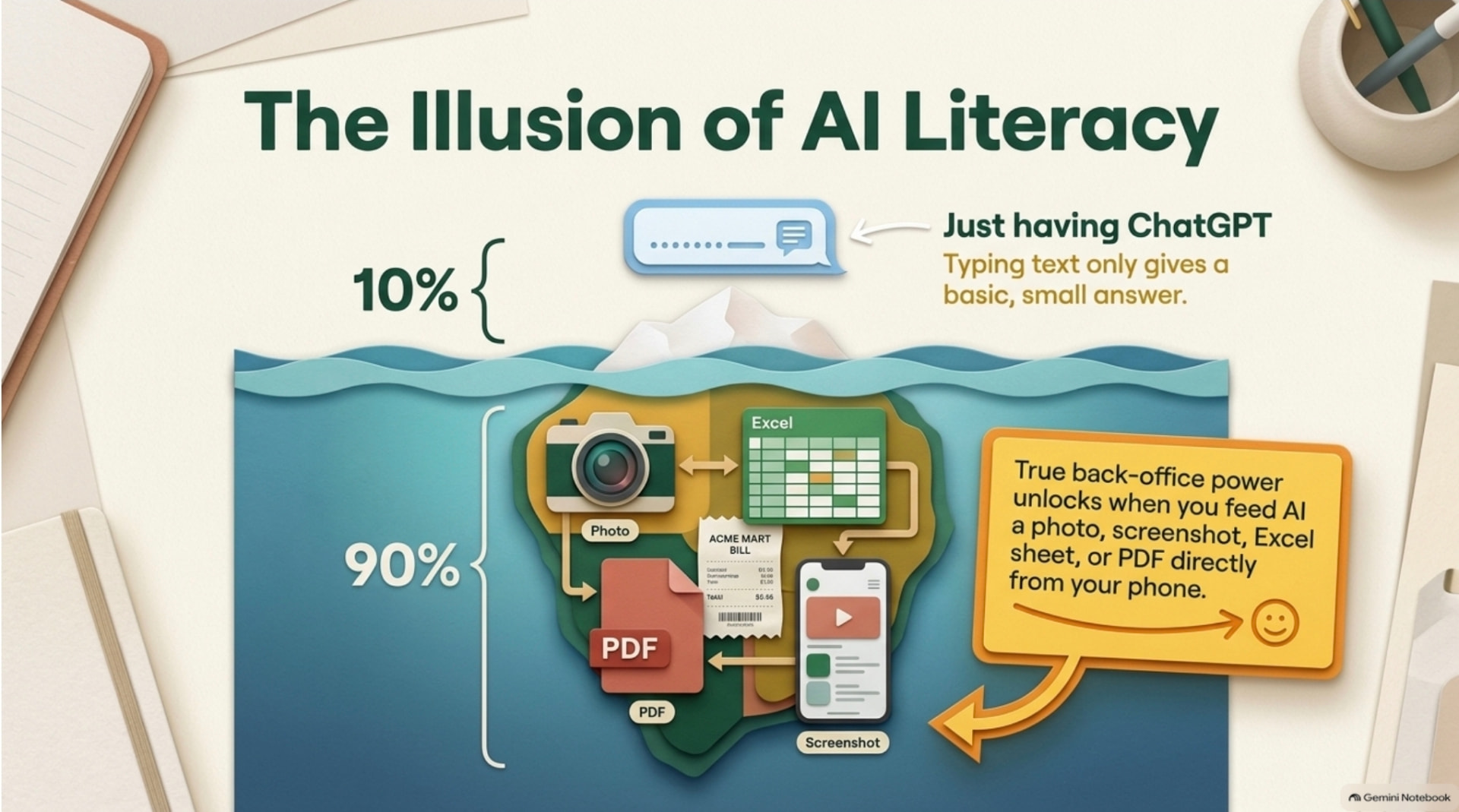Illustration of an iceberg: typing text into ChatGPT gives only a small answer, while sharing a photo, screenshot, Excel sheet, bill or PDF unlocks much more power