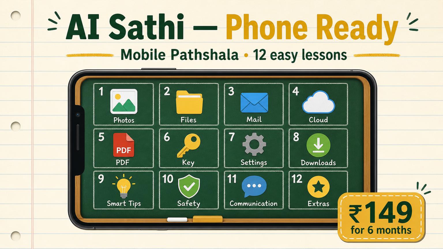AI Sathi Phone Ready — Mobile Pathshala cover with 12 lesson icons