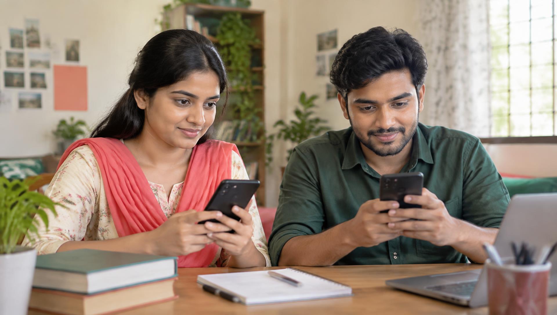 A young Indian woman and a young man sitting at a study desk, each learning on a smartphone