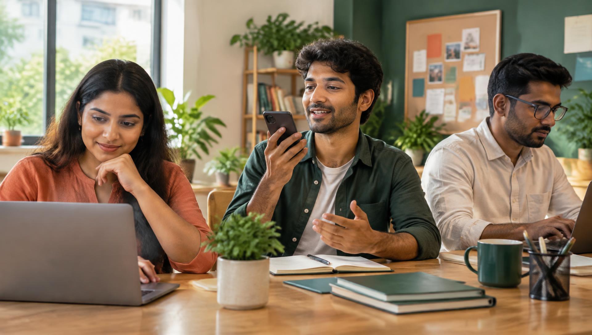 Three young Indian adults learning together in a bright training space — one reviews a resume on a laptop, one practises interview answers on a phone, one drafts an office email